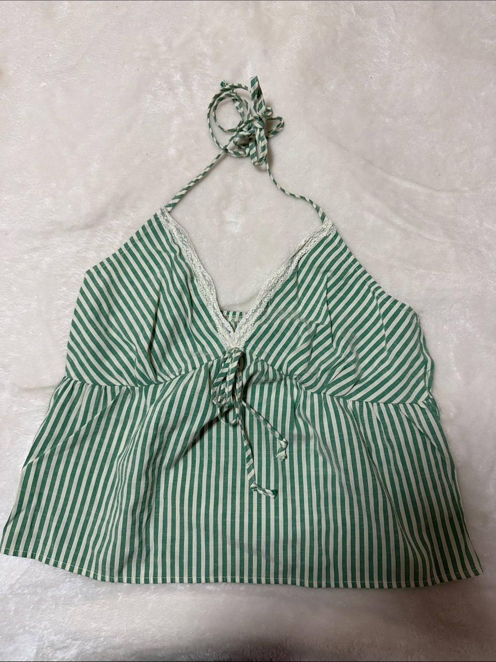 Green and White Striped Halter Cami with Front Tie